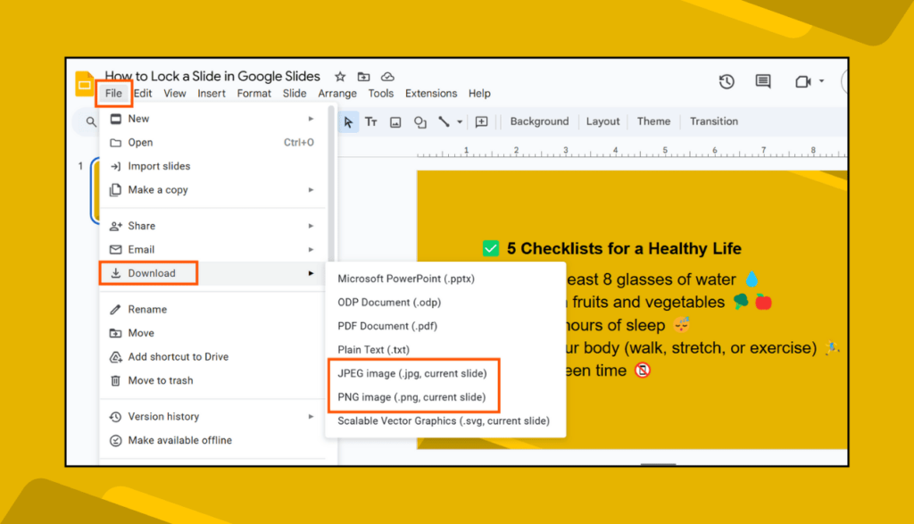 File > Download (JPEG or PNG Image) Options in Google Slides