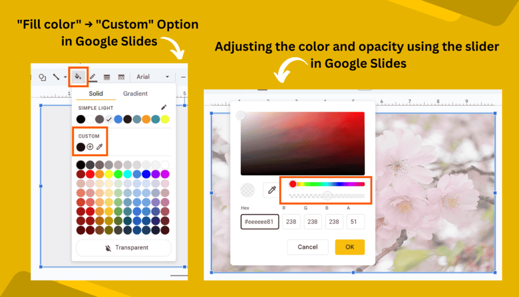 Fill Color and Adjusting Opacity Option in Google Slides