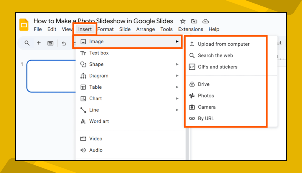 Insert > Image Menu in Google Slides