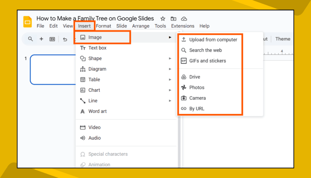 Insert > Image from Various Sources Option in Google Slides