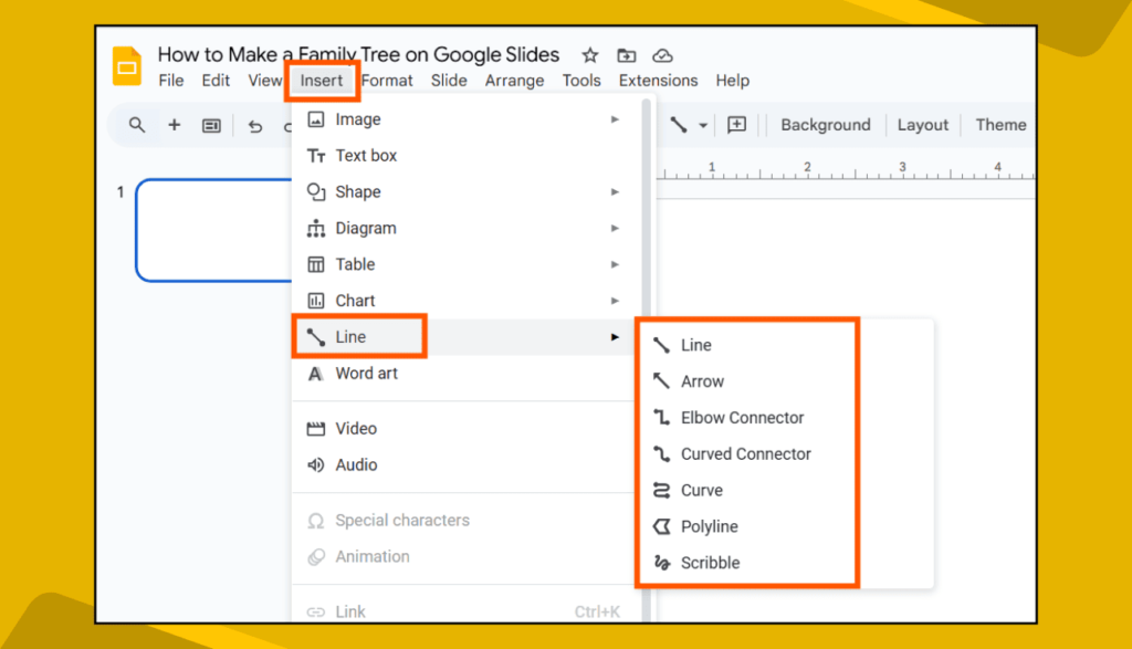 Insert > Line > Line Option in Google Slides