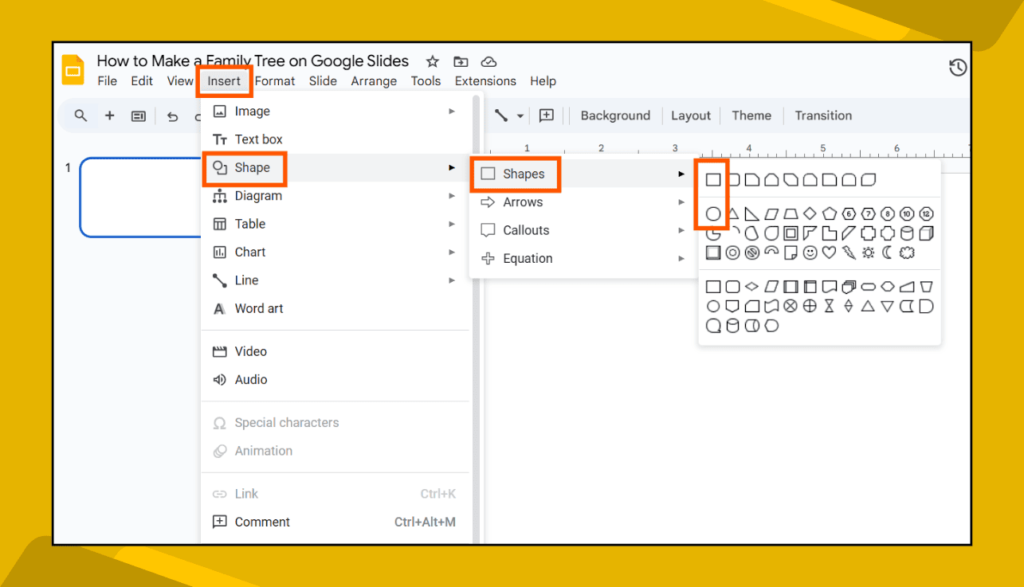 Insert > Shape > Shapes Option in Google Slides