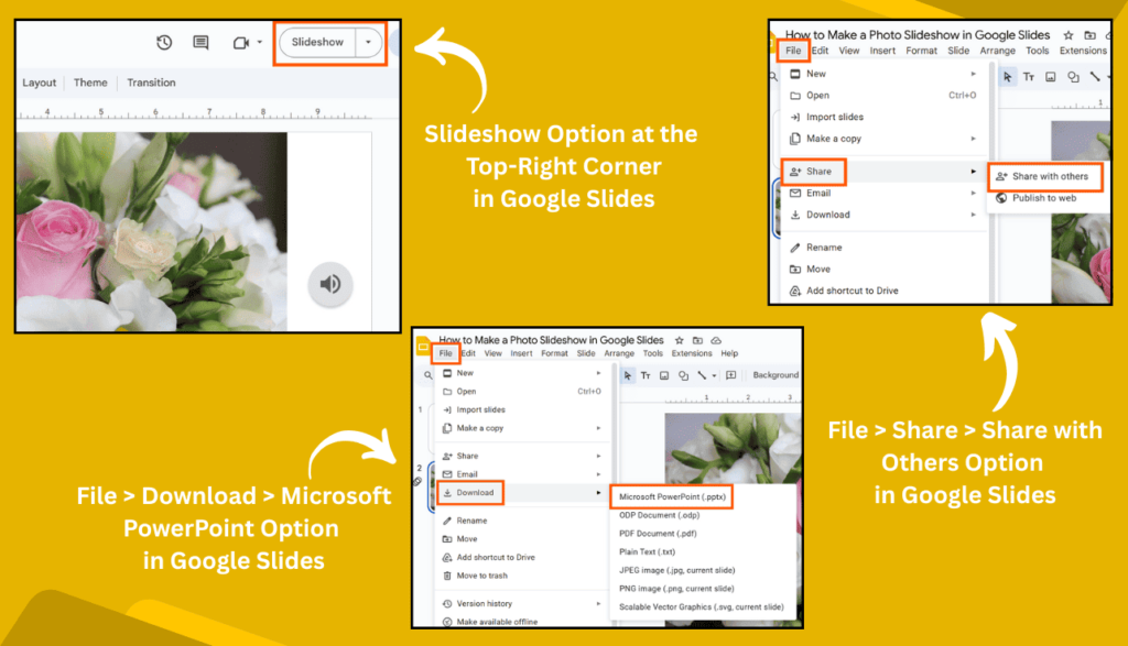 Slideshow, Downloading & Sharing Options in Google Slides