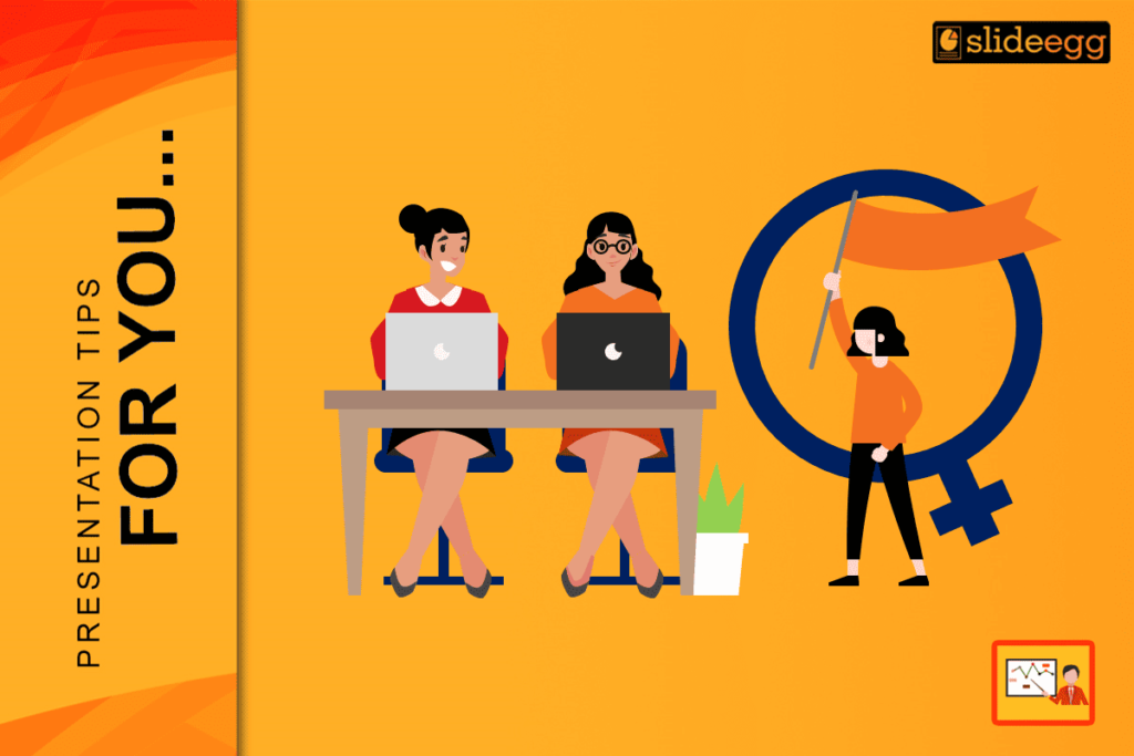 Illustration of women working on laptops and a woman holding a flag, celebrating International Women's Day in a workplace setting.