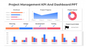 Dashboard slide showcasing project management KPIs with bar graphs, a line graph, and a pie chart in different colors.