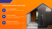 Slide on aluminium gate design with three numbered caption areas, in an orange background and gate image.