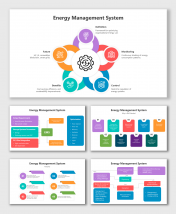 Slide pack highlighting an energy system in various layouts with different color coded sections.