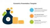 Illustration of a money bag and stacked coins alongside three colored sections explaining economic concepts.