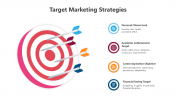 Bullseye target with four colored arrows on the left, and corresponding icons with text on the right.