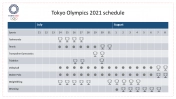 A detailed Tokyo Olympics 2021 schedule showing event dates for various sports with medal icons indicating finals.