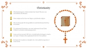 Christianity slide with bullet points on key aspects of the religion's history and beliefs, decorated with religious symbols.