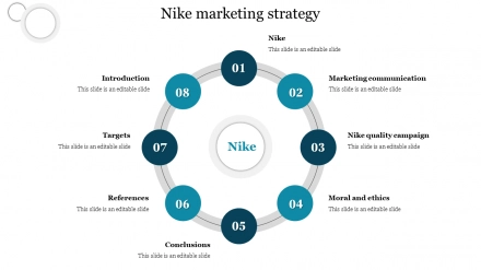 para agregar Eso Calumnia Nike Marketing Strategy PPT Template With Eight Nodes