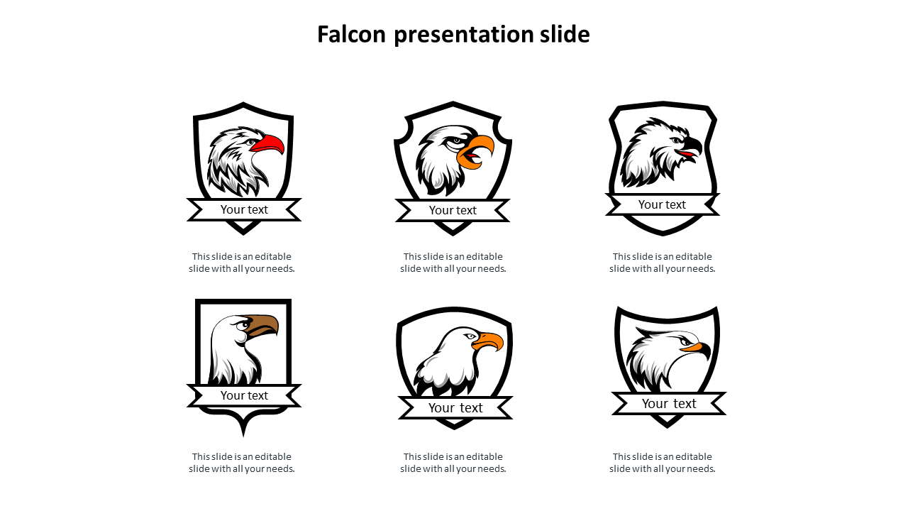 Falcon presentation slide featuring six shield shaped emblems of falcon heads, each with a text banner below.