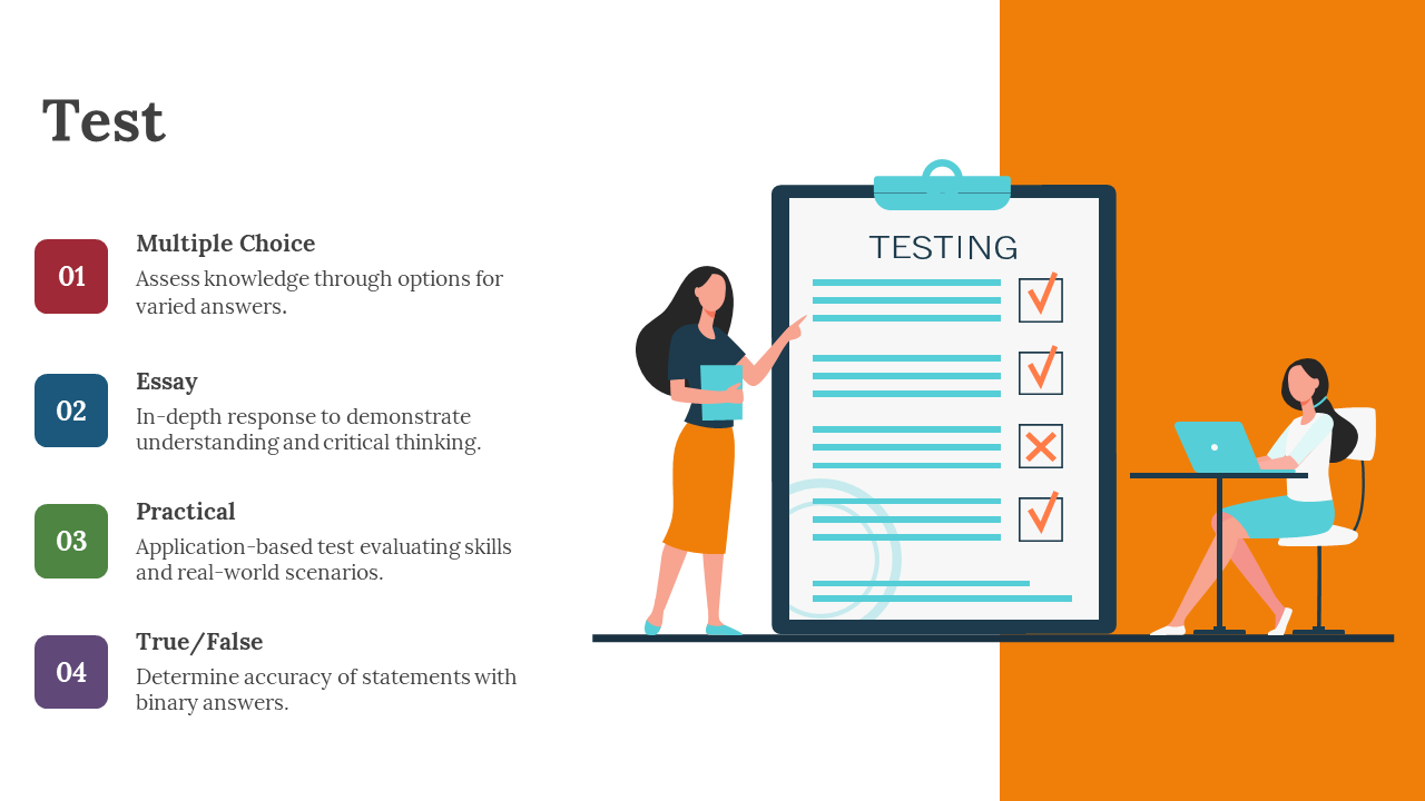 Educational test slide featuring types of assessments from Multiple Choice to True or False, with illustrative icons.