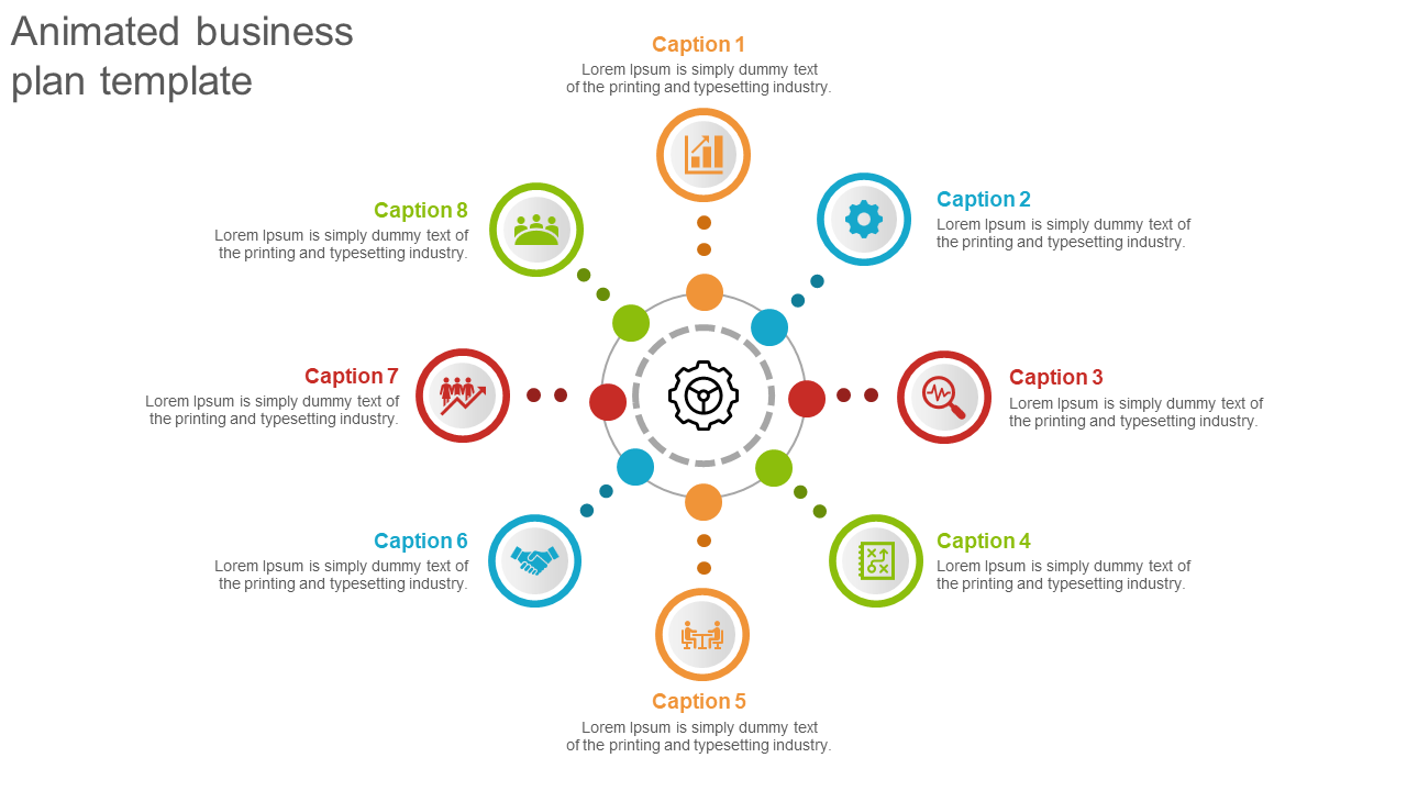 Circular central gear icon with eight surrounding colored icons connected by dotted lines in a radial layout.