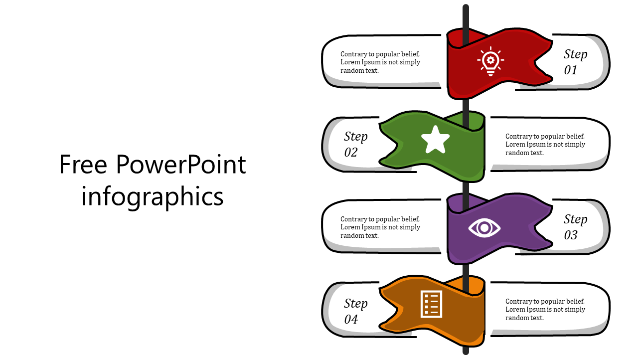 Colorful infographic flags representing steps in a process, each with corresponding icons and text.