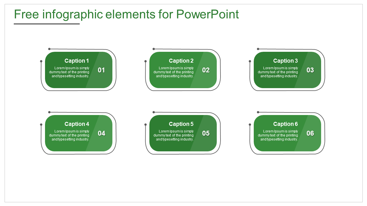 Green infographic PowerPoint slide with six numbered elements, each containing a caption and description.