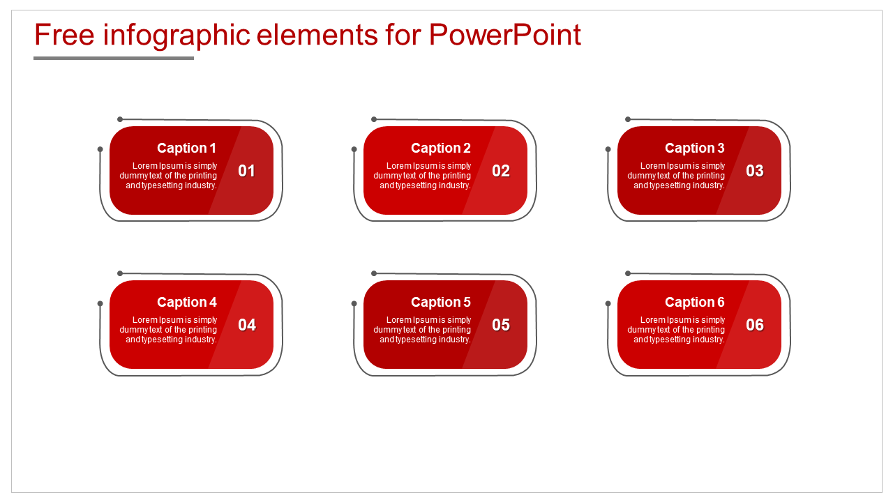 Infographic slide with six red rectangular elements labeled with captions and numbers.