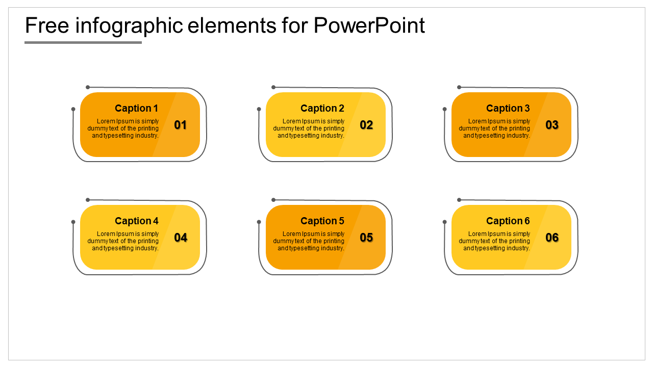 Infographic slide with six orange boxes, each with caption areas for text, arranged  in a clear layout.