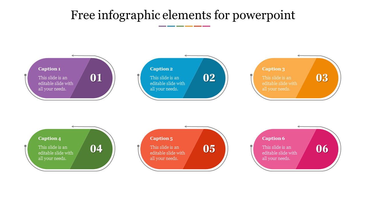 Slide featuring six distinct infographic elements in various colors with text and numbered captions.