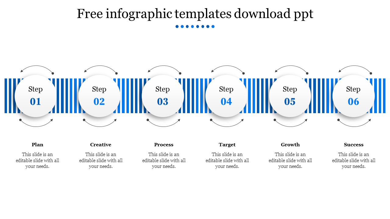 Infographic PPT template showing six steps with a blue striped background for each step with placeholder text.