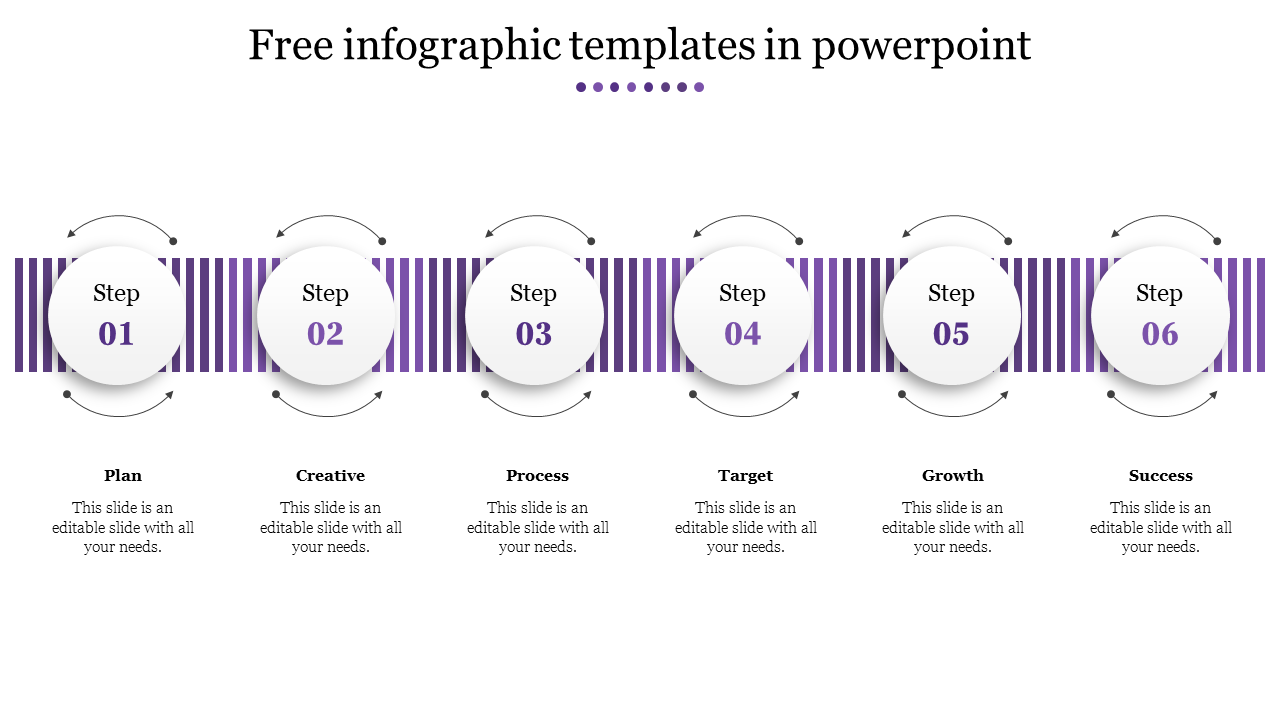 PowerPoint slide showcasing an infographic with six steps, each represented by a circle with labels with placeholder text.