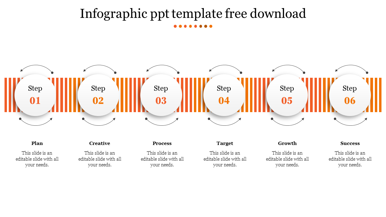 Horizontal six step infographic with circular numbered sections over orange striped background, connected by curved arrows.