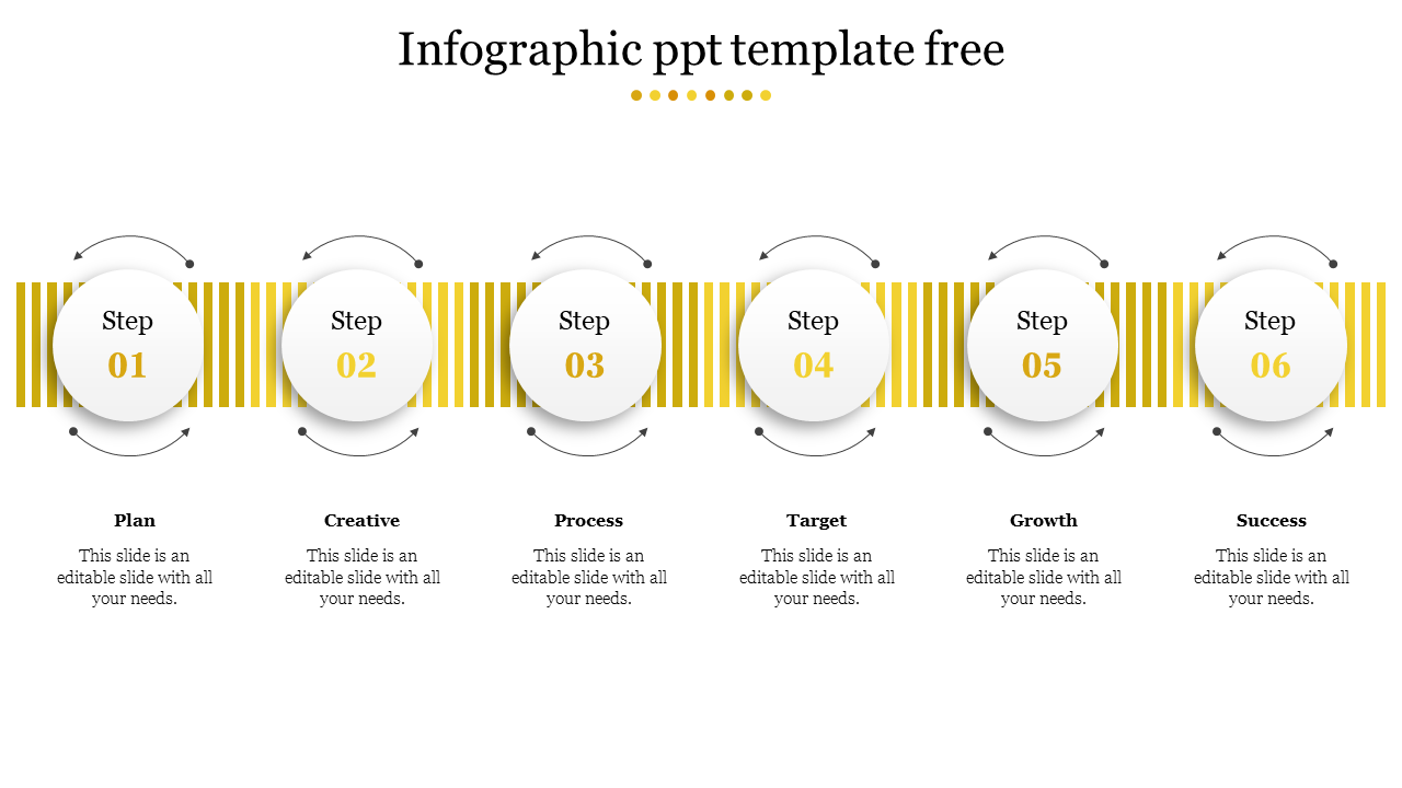 Six step infographic with white circular elements on a yellow striped background, showing a process from plan to success.