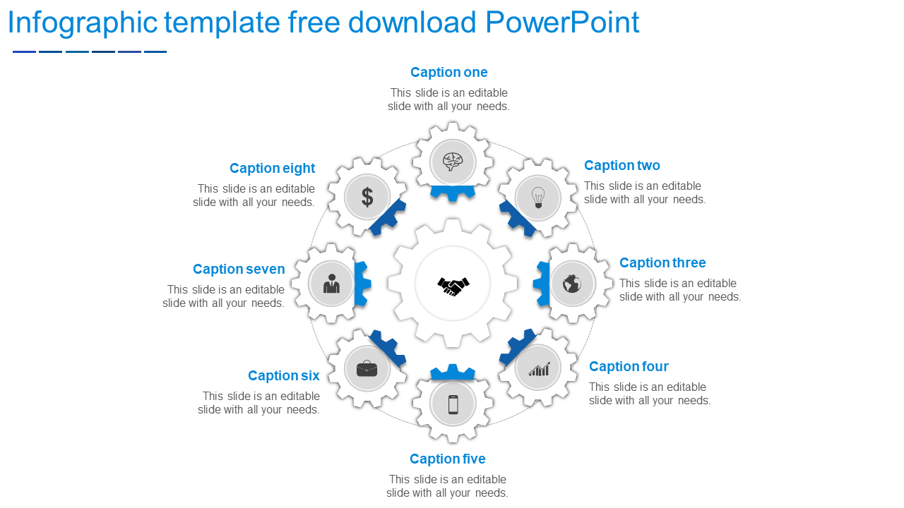 Infographic template with interconnected gears and eight captions, each accompanied by an icon, arranged around a graphic.