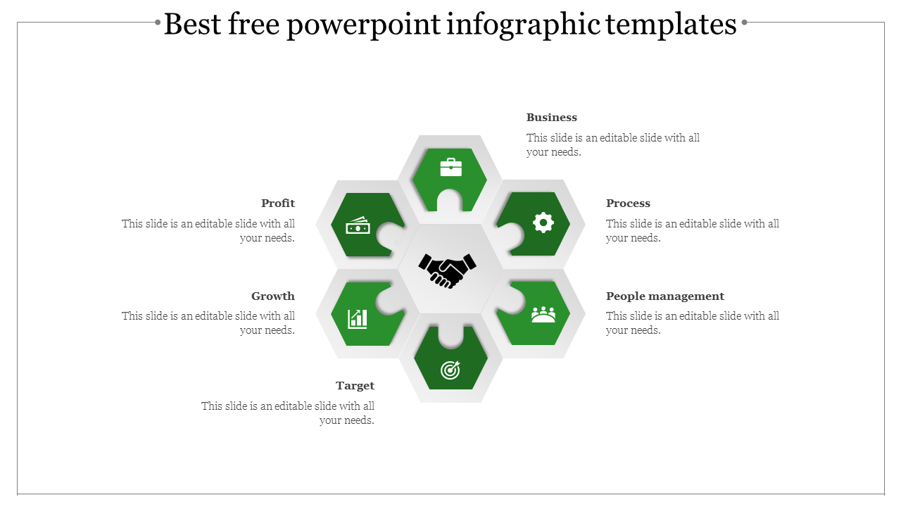 Hexagonal infographic template with green icons representing business, growth, and processes.