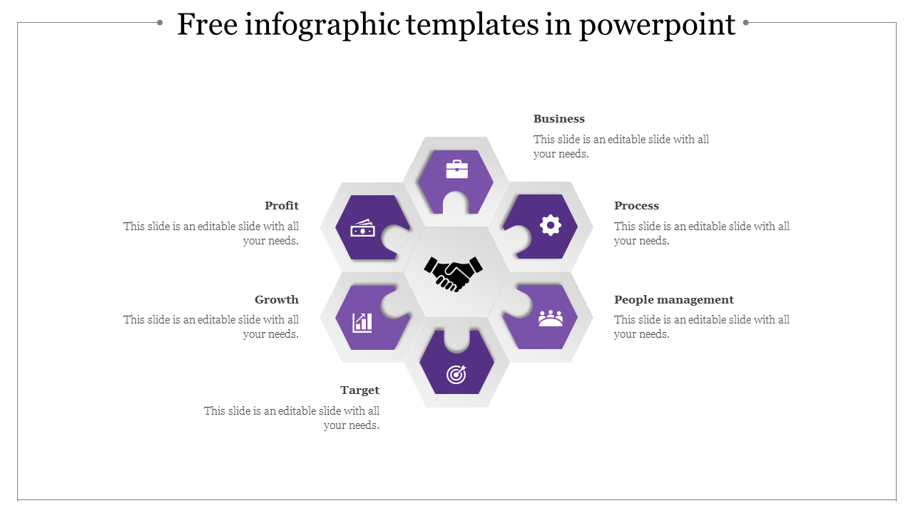 Infographic slide with six purple hexagonal sections with icons from business to profit with placeholder text.