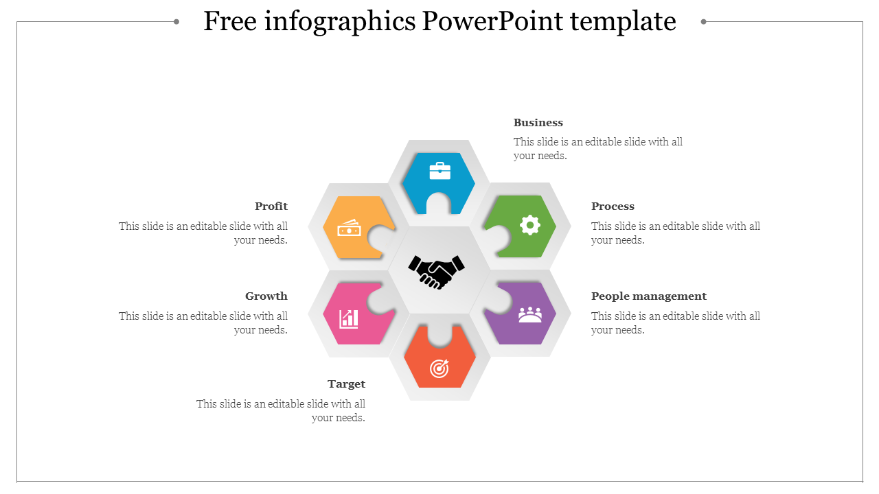 Infographic slide with a hexagonal layout displaying six business-related concepts with colorful icons and text captions.