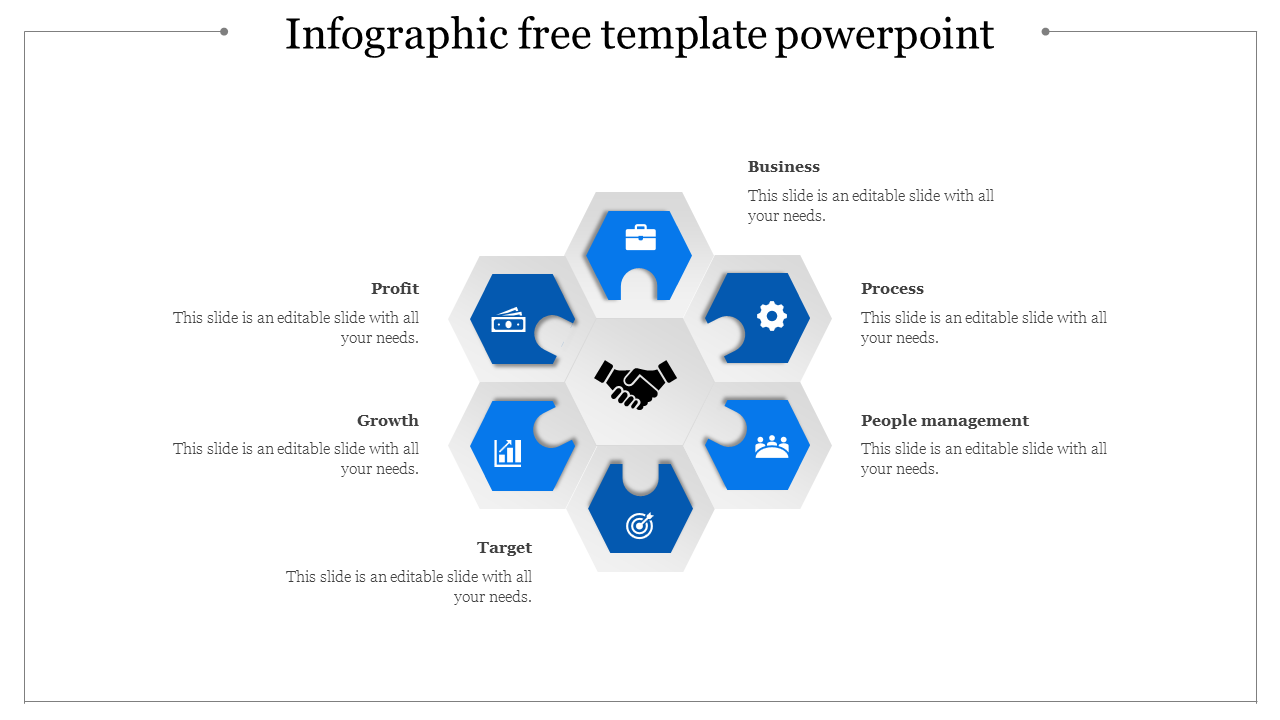 Blue hexagonal infographic with six sections around a handshake icon, each labeled with business related concepts.