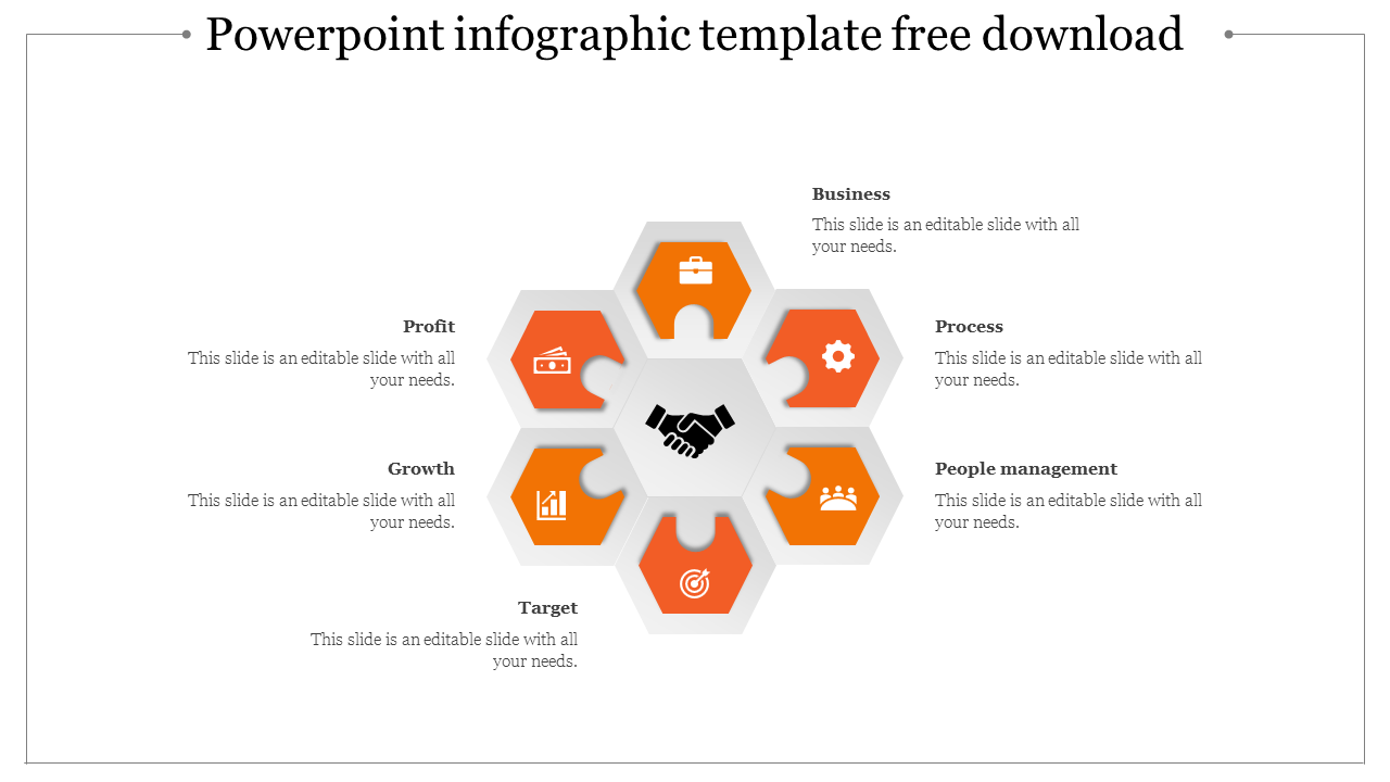 Infographic PPT template with orange hexagonal icons from business to profit with placeholder text on a white backdrop.