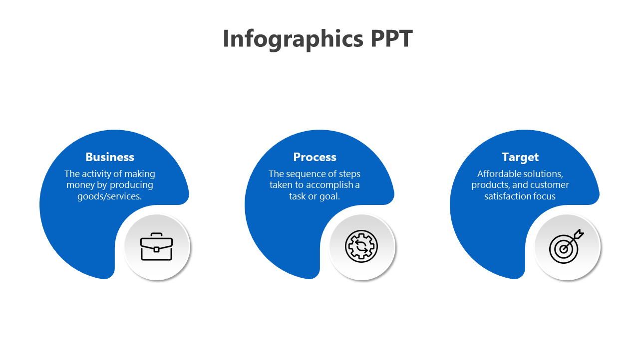 Infographic slide with three blue half circles, paired with white icons and captions, arranged in a row.