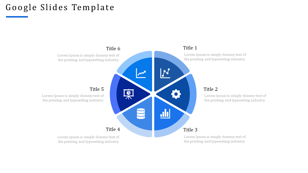 Google Slides template with six sections, each with a title and corresponding icon in blue gradient.