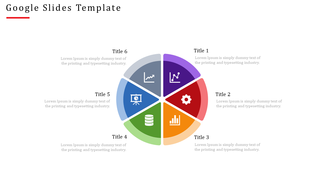 Six part wheel graphic in shades of blue, red, green, yellow, gray, and purple, each with an icon and title.