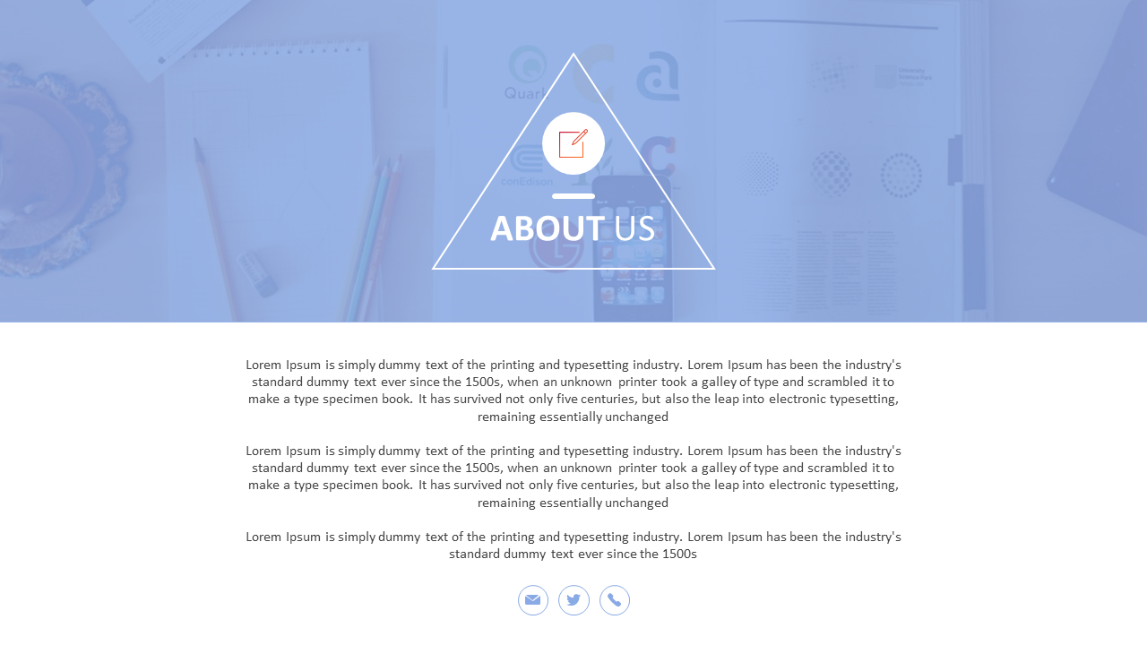 About us slide with a blue background, featuring a central triangle with an icon and text description below.