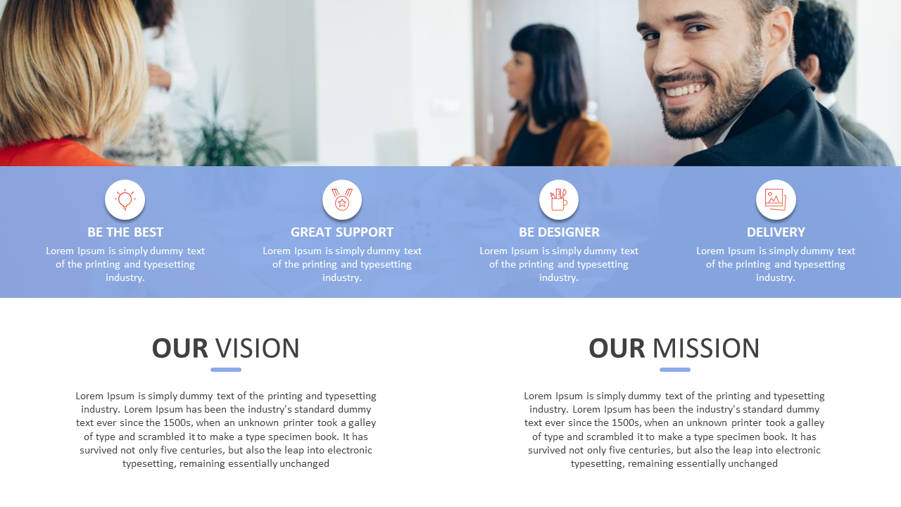 Vision and mission statement slide with four icons for goals and a professional meeting image in the background with text.