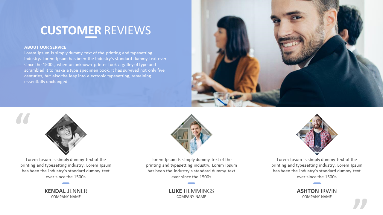 A customer review layout slide with images and testimonials from three individuals with placeholder text.