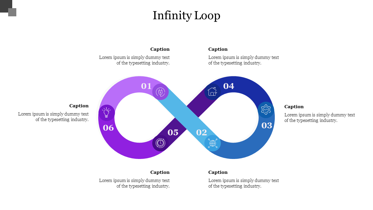 Infinity loop diagram in gradient purple and blue with six labeled segments, each containing icons and caption areas.