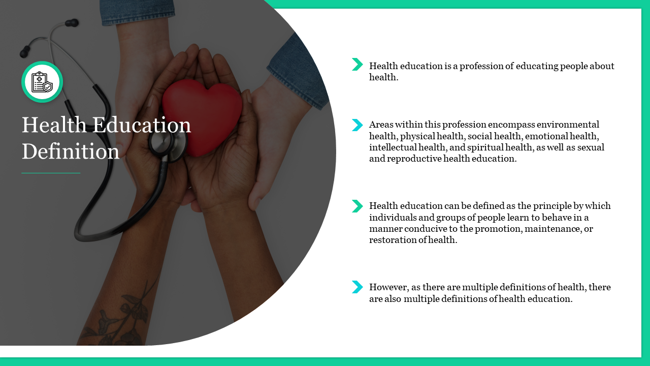 A slide defining health education, featuring an image of hands holding a heart and stethoscope on the left.