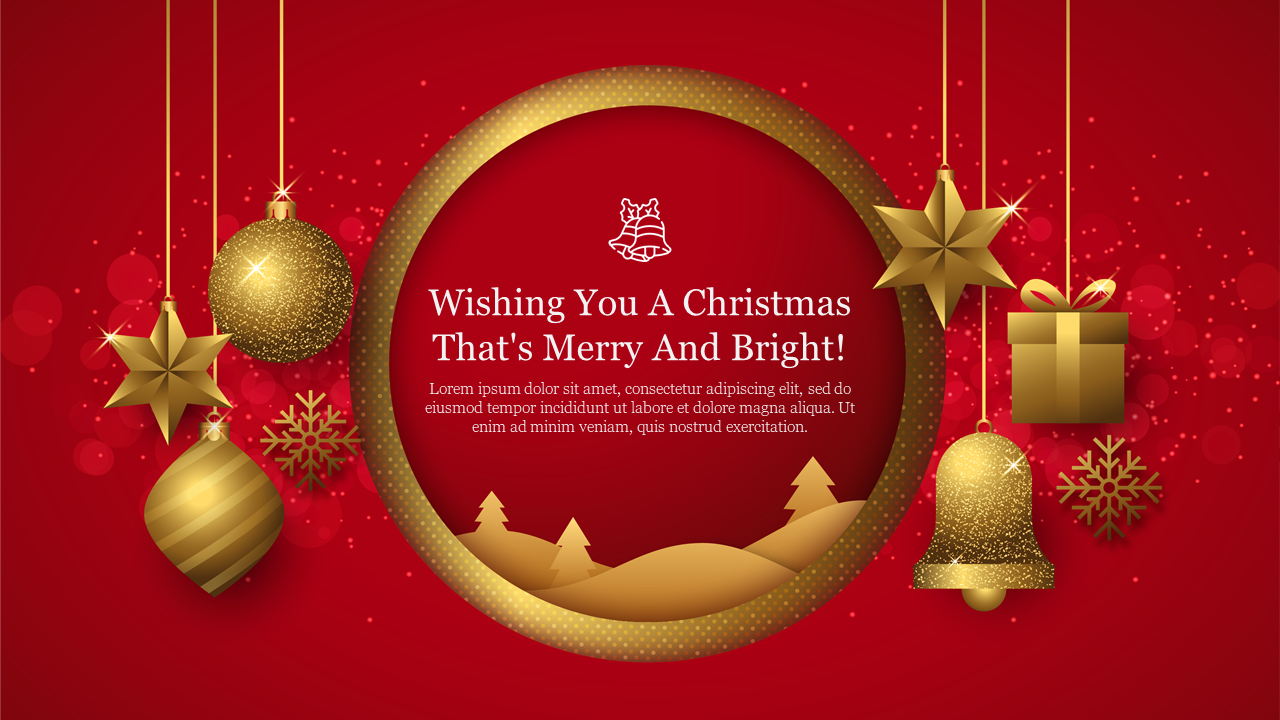 Holiday themed Christmas PowerPoint design with red background, golden decorations, and a joyful greeting.