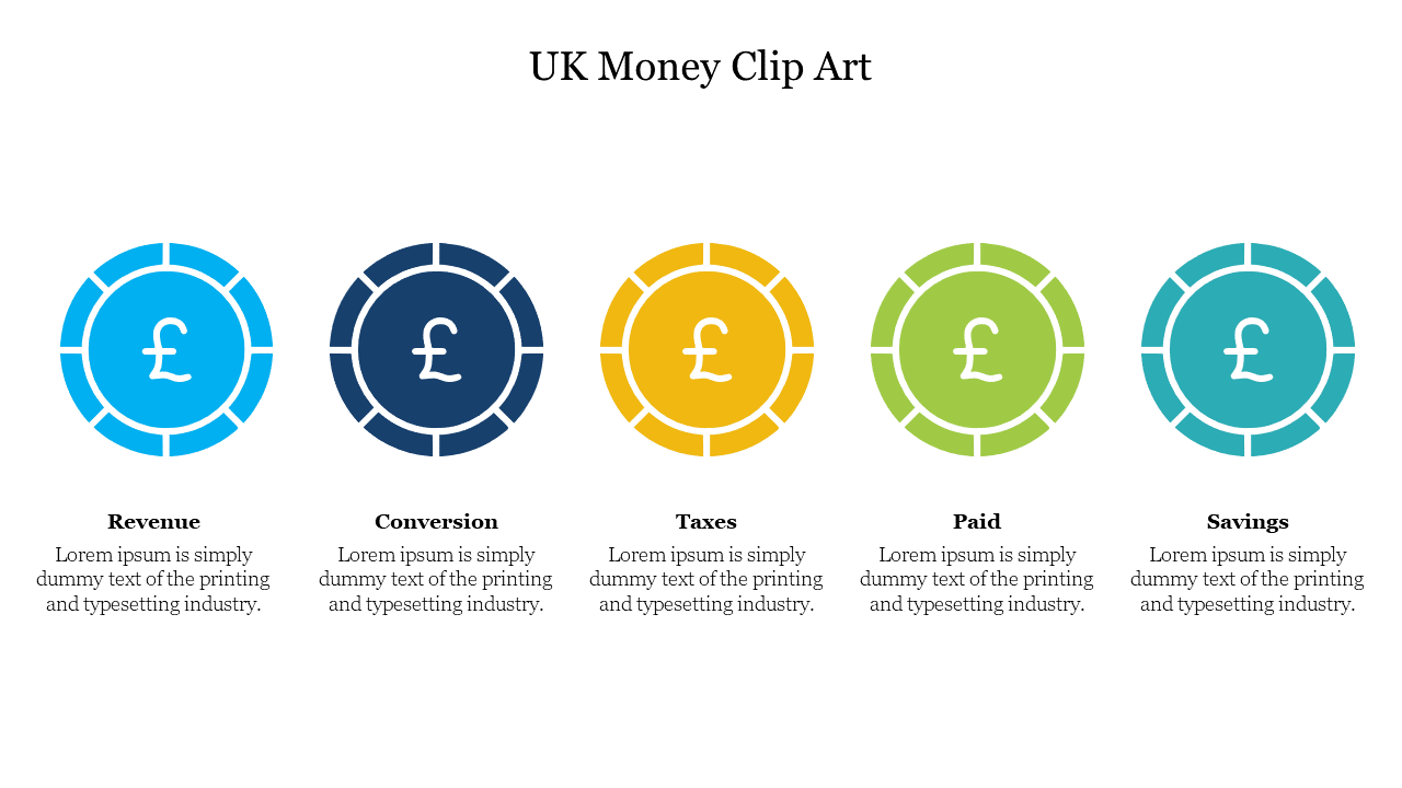 Clip art with UK currency symbols, showing revenue, conversion, taxes, paid, and savings categories with a different color.