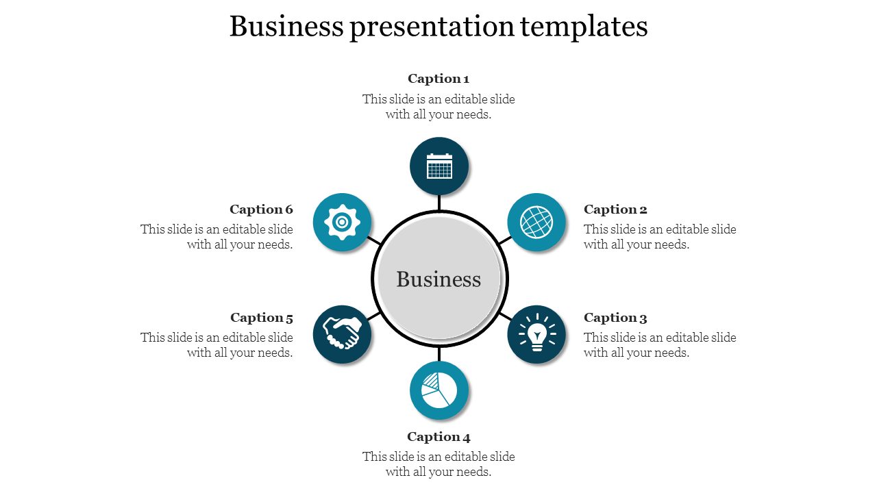 Circular layout with a central business node, six blue icons radiating outwards, and captions around it.