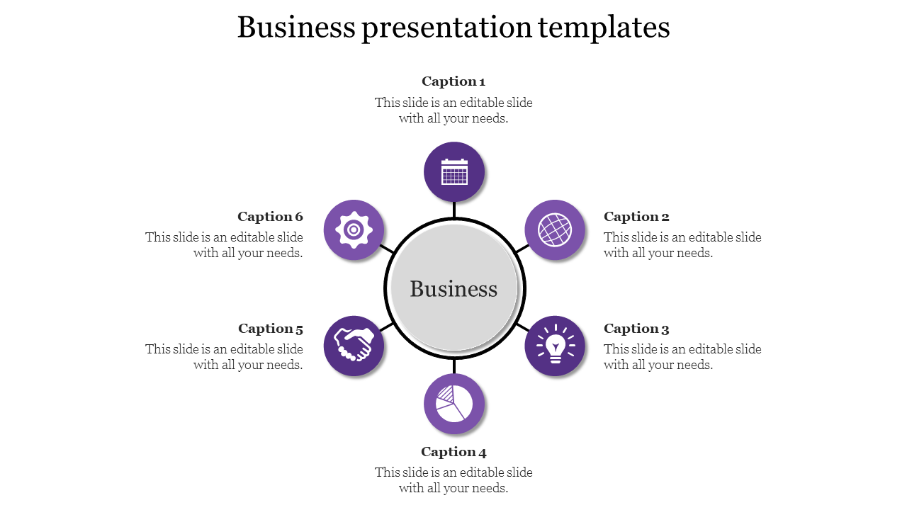 Circular business diagram with icons like handshake, lightbulb, and calendar surrounding a central node.