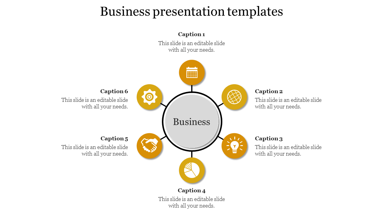 PowerPoint template with a central Business hub and six surrounding captions with icons.