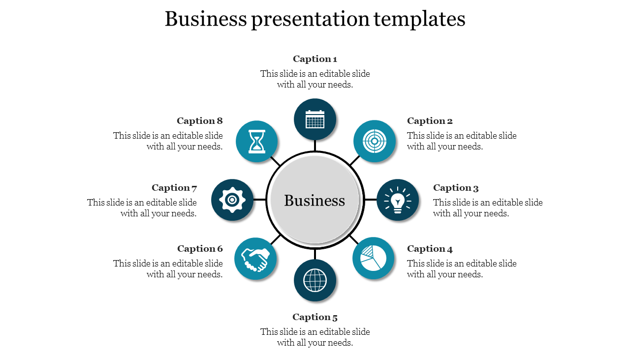 Business presentation slide with eight sections around a central circle, each featuring an icon and caption.