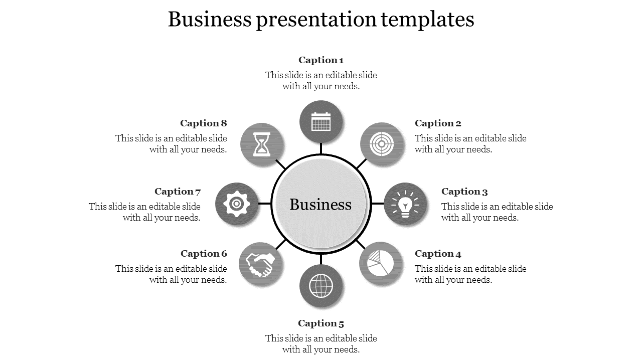 Business slide with a circular hub and spoke layout, featuring eight gray icons and captions around the center.