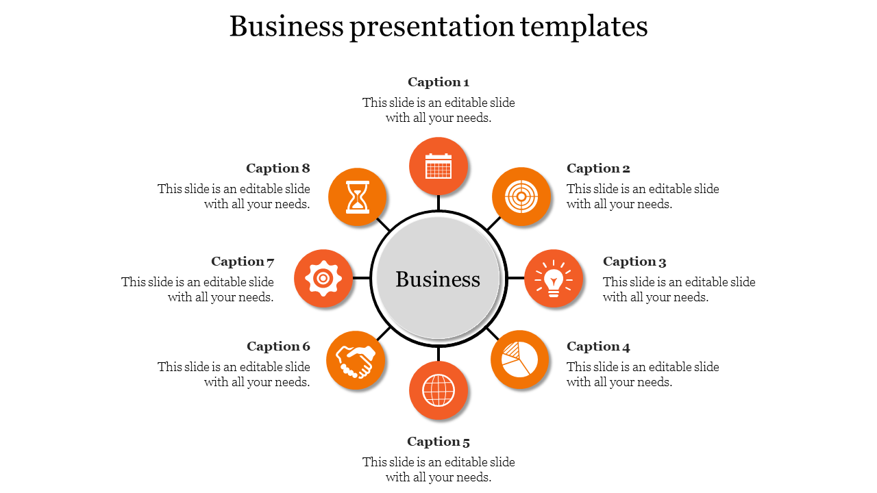 Business-themed circular infographic with eight sections, each featuring an orange icon like a gear, target, and clock.